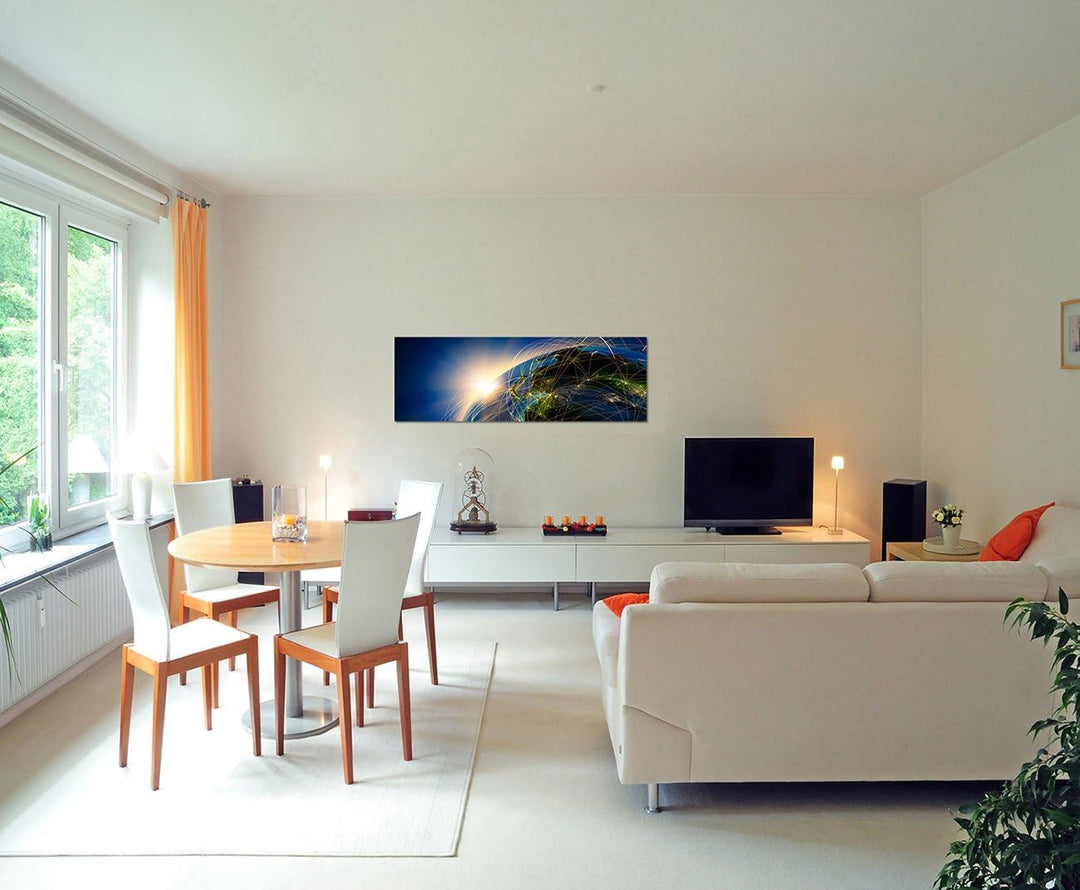 Paul Sinus Art Panoramabild auf Leinwand und Keilrahmen 150x50cm Planet Erde Stadtlichter Sonnenaufg