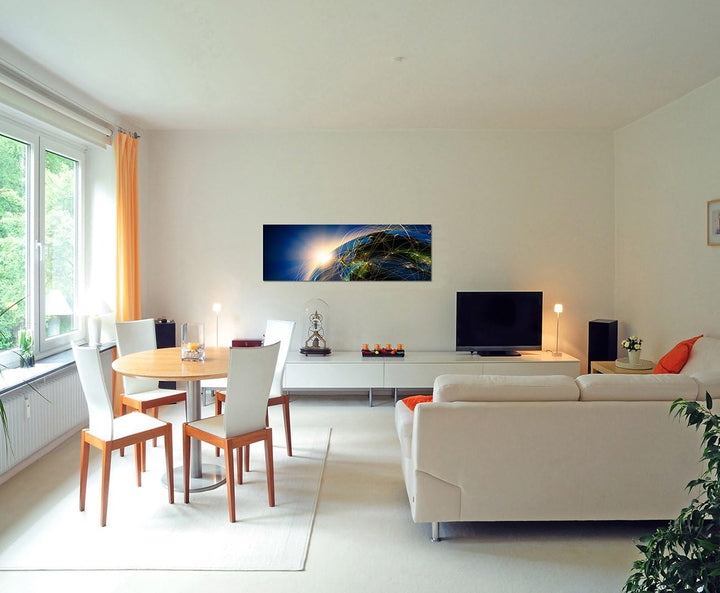 Paul Sinus Art Panoramabild auf Leinwand und Keilrahmen 150x50cm Planet Erde Stadtlichter Sonnenaufg