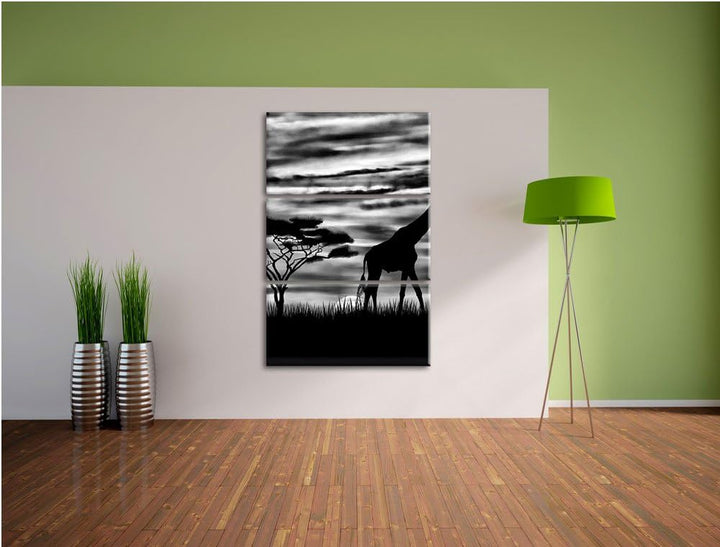 Pixxprint Monocrome, Afrika Giraffen im Sonnenuntergang 3-Teiler Leinwandbild 120x80 Bild auf Leinwa