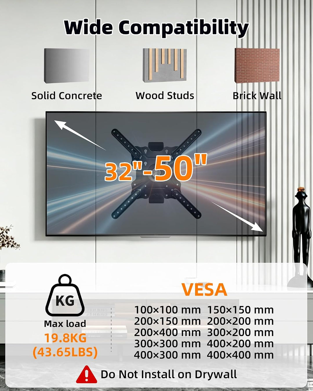TV Wandhalterung Schwenkbar Fernseher 32-50 Zoll, 360° Verstellbare Halterung Schwenk Neigbare für T