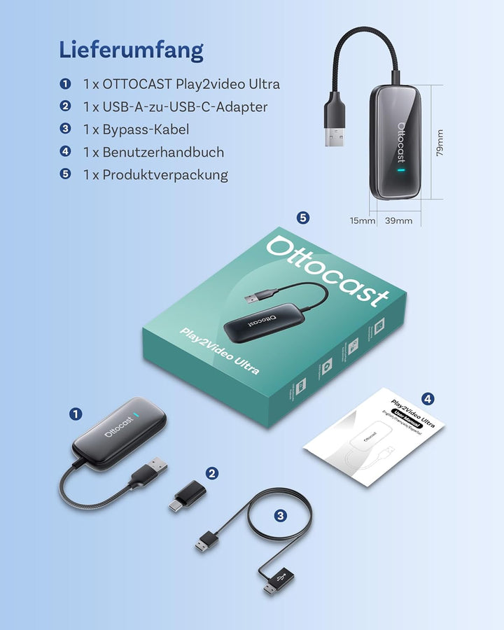 OTTOCAST Play2video Ultra 2026, Kabelloser CarPlay & Android Auto Adapter mit App Hub & YouTube, Plu