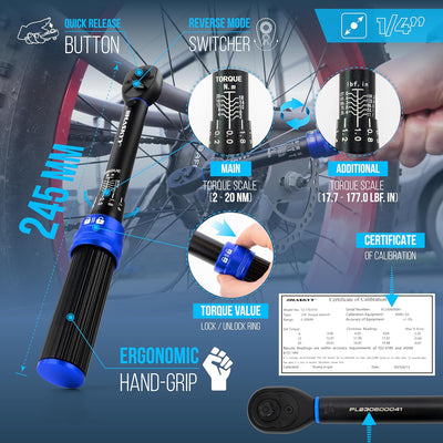 HASKYY Drehmomentschlüssel 1/4" 2-20Nm Set Fahrrad Drehmoment Bit Innensechskant Verlängerung Torx B