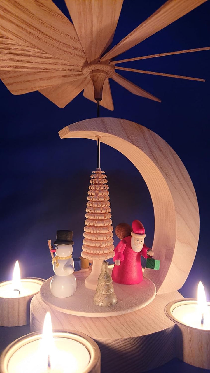 Kunststube Marienberg - Teelicht Pyramide 23cm modern -Weihnachtsmotiv mit Weihnachtsmann & Schneema