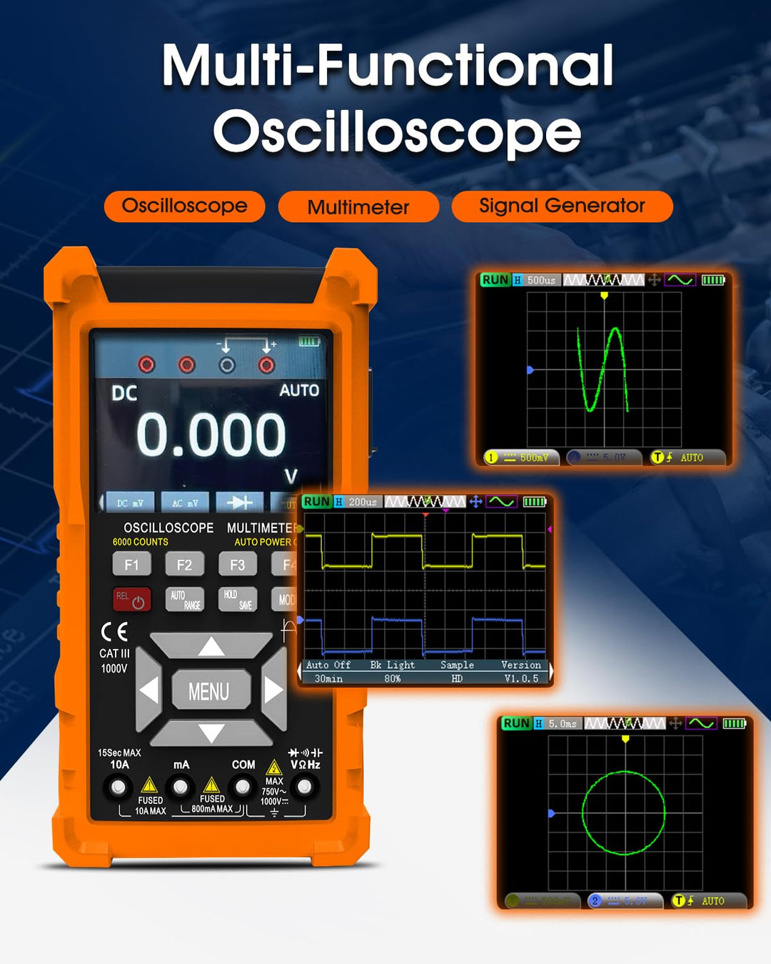 SURLABA Oszilloskop 3in1, 2 Kanal Oszilloskop mit 50 MHz Bandbreite, 280 MSa/s, TRMS 6000 Count Mult