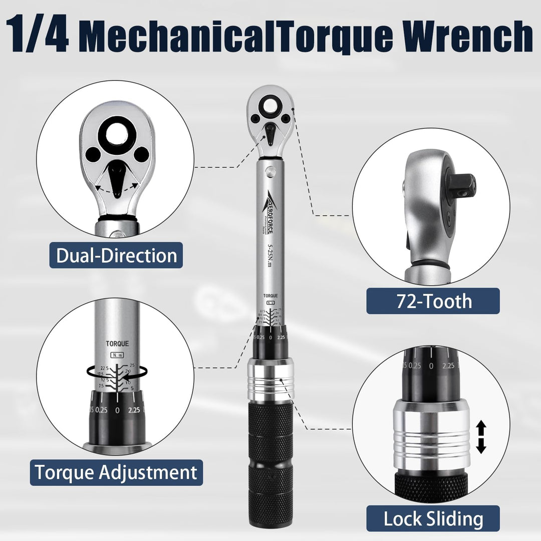 AEROFORCE Drehmomentschlüssel-Set 1/4-Zoll 19tlg (5,0-25,0 Nm) mit Dual-Richtungsumkehr, einstellbar
