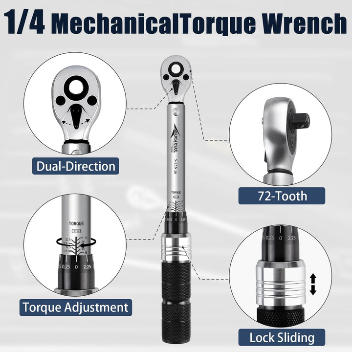 AEROFORCE Drehmomentschlüssel-Set 1/4-Zoll 19tlg (5,0-25,0 Nm) mit Dual-Richtungsumkehr, einstellbar