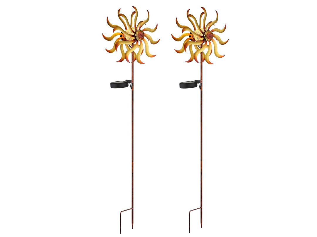 meineWunschleuchte 2er Set Solar Gartenstecker Windrad mit Erdspiess in Orange-Gelb & Kupfer, Höhe 9