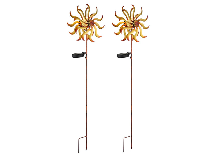meineWunschleuchte 2er Set Solar Gartenstecker Windrad mit Erdspiess in Orange-Gelb & Kupfer, Höhe 9
