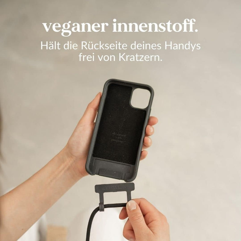 Woodcessories - Nachhaltige Handykette abnehmbar kompatibel mit iPhone 12 Hülle mit Band schwarz, iP