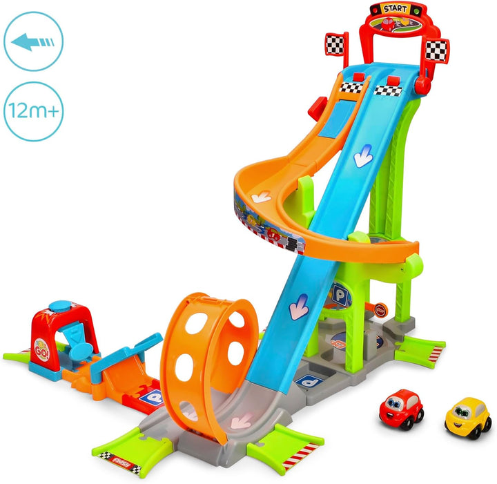 Dickie Toys ABC - Jays Jump N Fun Tower (66x72x64 cm) - Auto-Rennbahn ab 1 Jahr mit Looping, Schanze