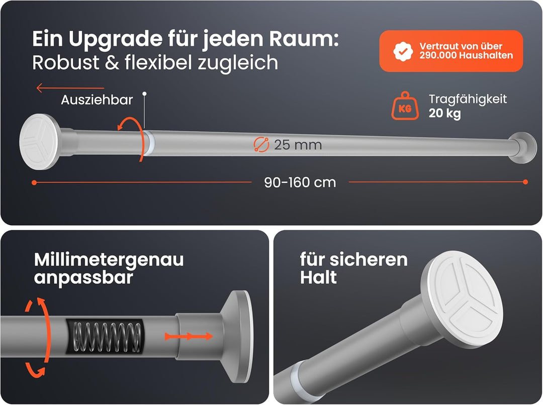 Duschstange ohne Bohren 90-160cm, Grau, Ø 25 mm, Gardinenstange zum Klemmen - Teleskopstange - Vorha