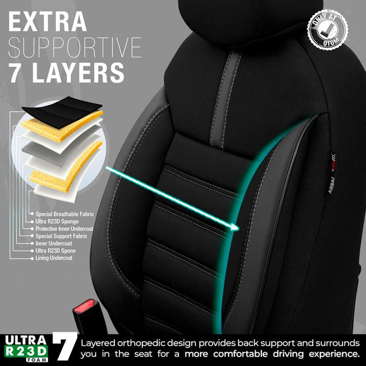 otoM Universelle Stoff/Leder Sitzbezüge 'Limited' Schwarz + Graue Nähten- 11-Teilig- - kompatibel mi