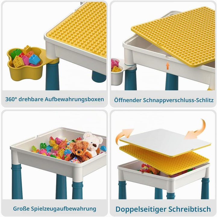 burgkidz Kindertisch mit Stühle, Kinder Spieltisch mit 1 Stuhl und 130 Stück Grossen Bausteinen, Kre