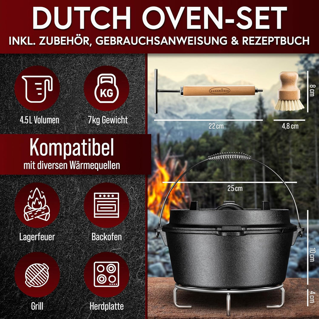 GUSSKÖNIG Dutch Oven Set - Eingebrannter Dutch Oven 4,5L - Feuertopf Gusseisen ohne Füssen - Schmort