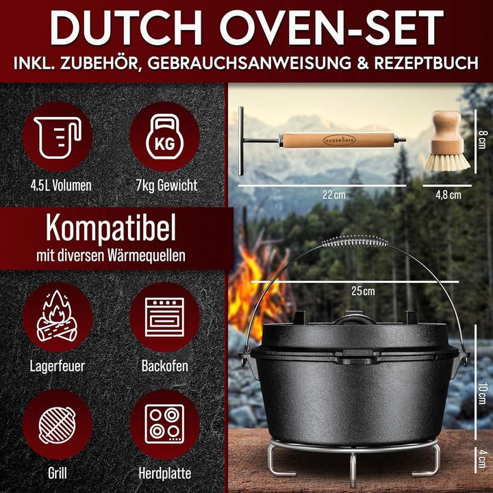 GUSSKÖNIG Dutch Oven Set - Eingebrannter Dutch Oven 4,5L - Feuertopf Gusseisen ohne Füssen - Schmort