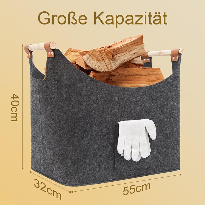 FINEW Holzkorb für Kaminholz 2er Set, Kaminholzkorb mit Handschuhen, Faltbarer Filztaschen aus Filz,