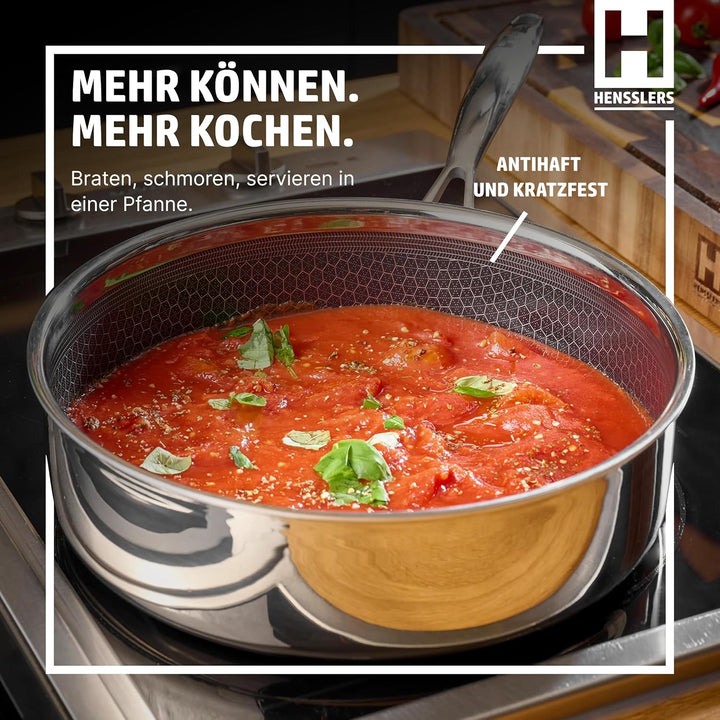 HENSSLERS® Sautepfanne 26cm mit Deckel [FÜR ALLE HERDARTEN INKL. INDUKTION] - Sauteuse Edelstahl - P