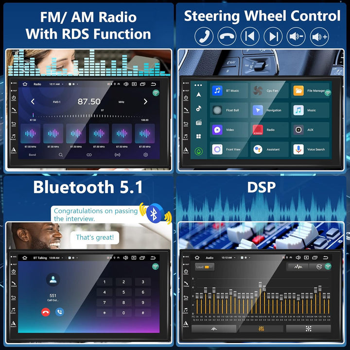 Hodozzy Android Autoradio 8-Core 4G+64G mit Carplay, Android Auto, Mirror Link 2 Din 7 Zoll IPS Touc