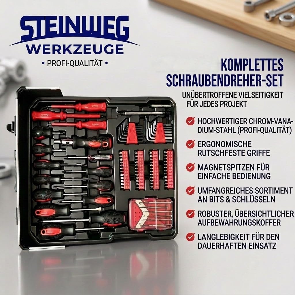 STEINWEG Aluminium Werkzeugkoffer Gefüllt 1400-tlg Werkzeug Set, Profi Werkzeugkoffer befüllt mit Sc