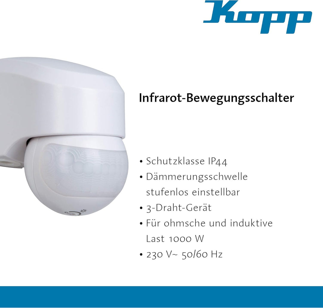 Kopp Infracontrol Bewegungsmelder, 110°, 12m Reichweite, Infrarot-Bewegungsmelder Aufputz für Aussen
