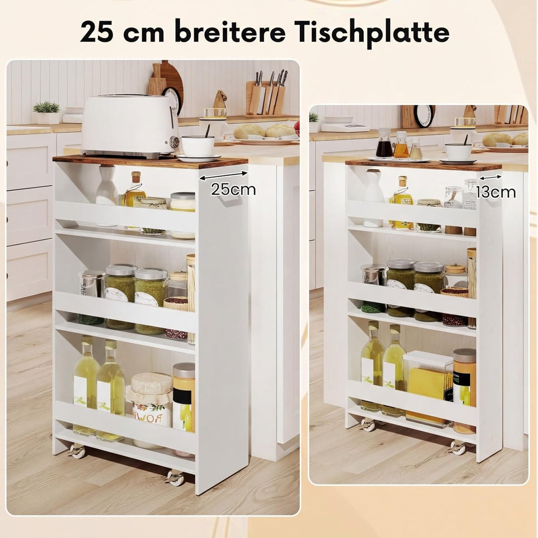 COSTWAY Nischenwagen 25cm breit, 4 Etagen Küchenwagen schmal, Nischenregal auf Rollen, Servierwagen