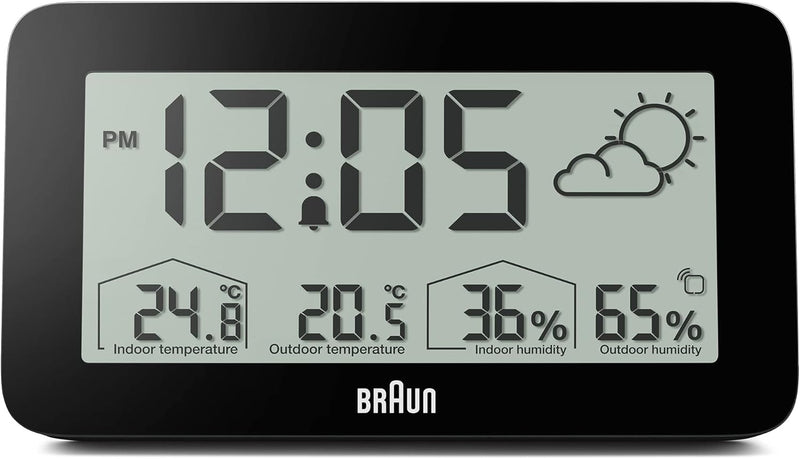 Digitale Braun-Wetterstationsuhr mit Anzeige von Innen- und Aussentemperatur sowie Luftfeuchtigkeit,