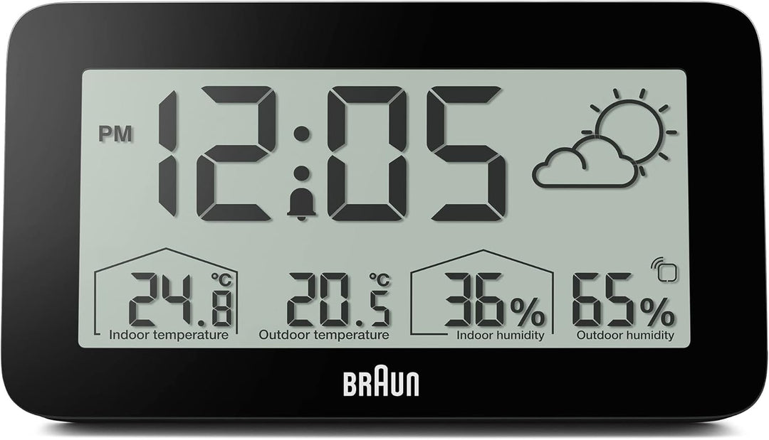 Digitale Braun-Wetterstationsuhr mit Anzeige von Innen- und Aussentemperatur sowie Luftfeuchtigkeit,