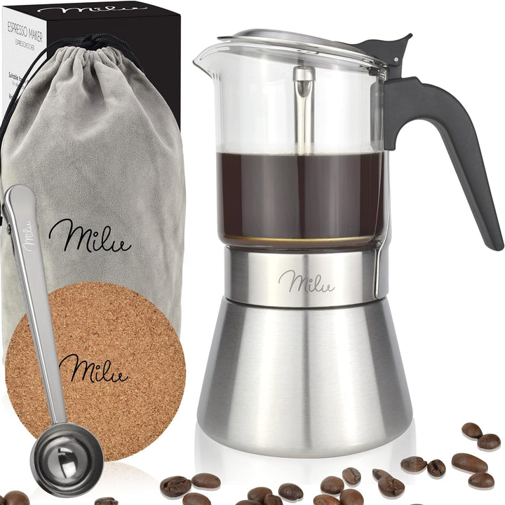 Milu Espressokocher Induktion geeignet | 4, 6 Tassen | Edelstahl Glas Mokkakanne, Espressokanne, Esp