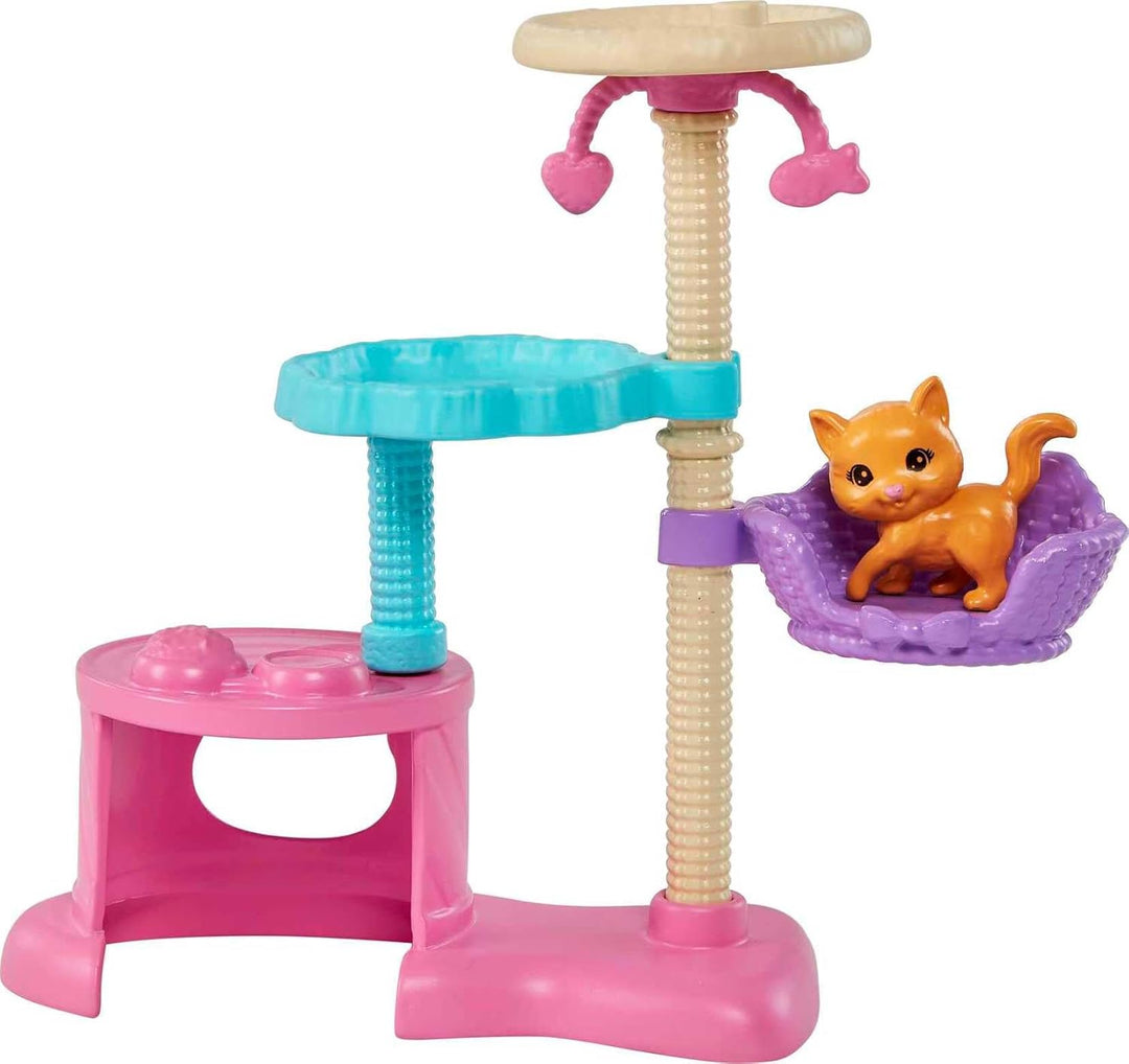 Barbie HHB70 - Kätzchen Kratzbaum-Spielset mit Puppe (brünette Haare) und 5 Katzen, inklusive Pflege