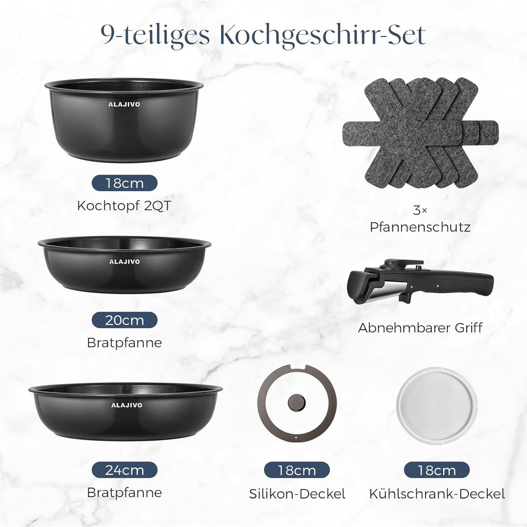 Topfset mit Abnehmbarer Griff, 9-Teilig Topfsets Pfannenset mit Antihaft Beschichtet, Keramik pfanne