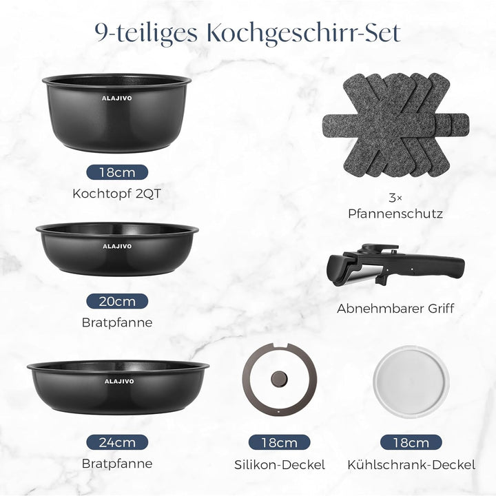 Topfset mit Abnehmbarer Griff, 9-Teilig Topfsets Pfannenset mit Antihaft Beschichtet, Keramik pfanne