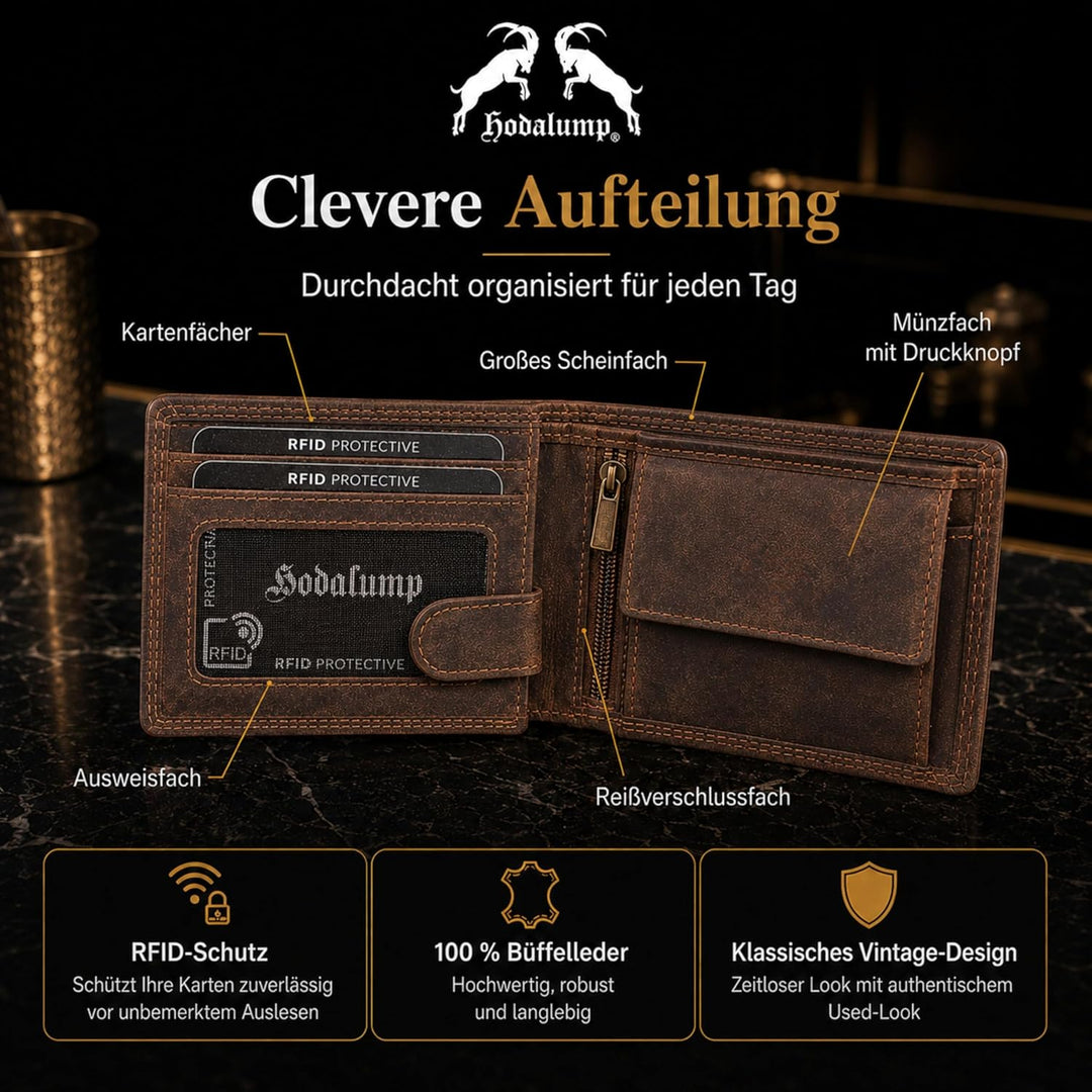 hodalump Echt-Leder Geldbörse • Geldbeutel für Damen und Herren mit RFID-Schutz • Portmonee mit Münz