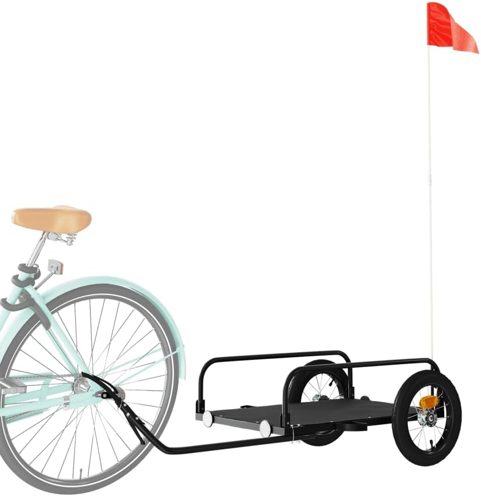 Mangloder Fahrradanhänger Schwarz 135x70x Eisen mit, Deichsel, Sicherheitsflagge, faltbar, ideal für