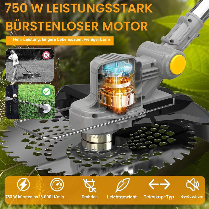 Akku Rasentrimmer mit Akku und Unkrautbürste 21V Freischneider Akku Elektro Motorsense mit 2X 4.0Ah