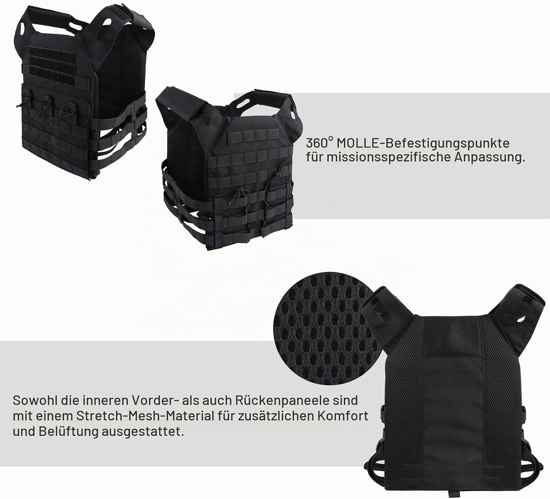 FOCUHUNTER Multifunktionale Molle Weste, Schwarz atmungsaktiv, bequeme Aufbewahrungstasche, Weste, A