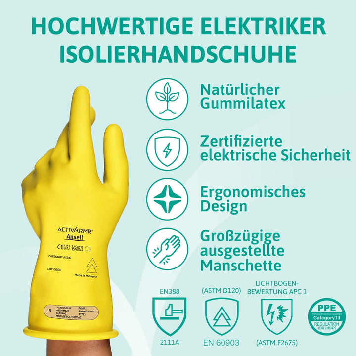 Ansell ActivArmr Elektriker-Schutzhandschuhe, Elektroschutz Klass 00 (500V), Elektrisch Isolierende
