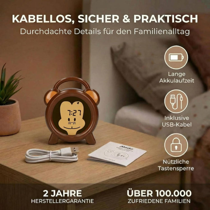 Alecto BC-100 Monkey Wecker Kinder - Kinderwecker USB Aufladbar - Kinder Wecker mit Nachtlicht - Sch