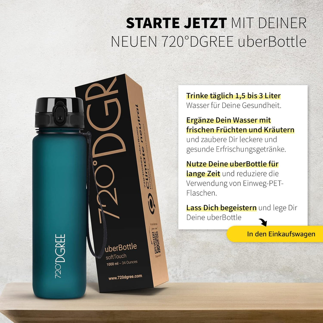 720°DGREE Trinkflasche 1l Sport “uberBottle“ softTouch +Sieb - BPA-Frei - Wasserflasche für Uni, Arb