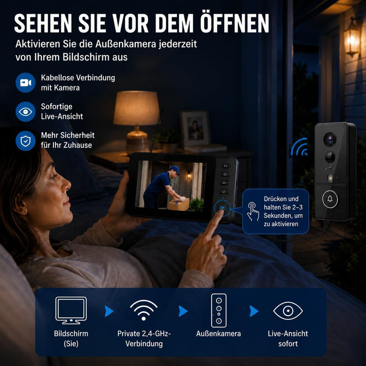 Video Türklingel mit Kamera, 4,3'' IPS Monitor, PIR Sensor, ohne WLAN & App | Livebild per Monitor,