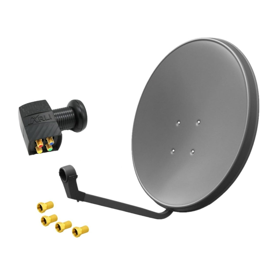60cm HD Sat Anlage Quad LNB + 4 F-Stecker Digital 4 Teilnehmer Antenne Grau UHD 4K + 4x F-Stecker, +