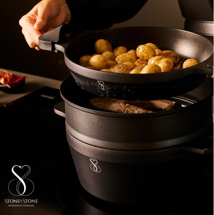 Induktionskochset 24 cm | Dampfgarer + Grillpfanne + Dampfgarer für Lebensmittel mit 3 Ebenen stapel