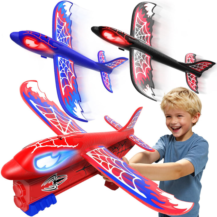 Flugzeug Spielzeug ab 3-12 Jahre, 3 Flugzeug mit Leuchtend Augen & Spinnennetz Flügel, Spider Spielz