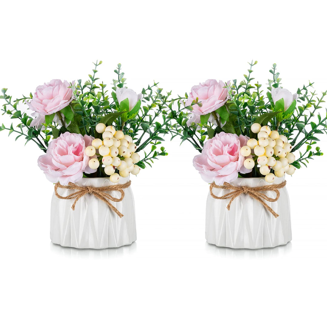 BLOSMON Kunstblumen im Topf Deko: 2 Stück Mini Rosa Künstliche Rosen Künstlich Blumen mit Vase für T
