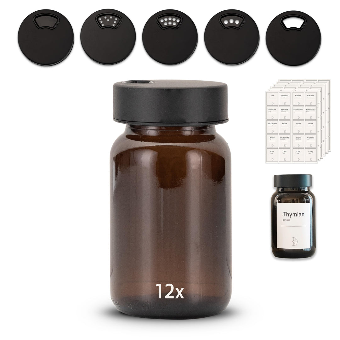 12 Stück Gewürzgläser – Premium Gewürzglas aus Braunglas | Gewürzstreuer Set | Gewürzdosen mit Decke