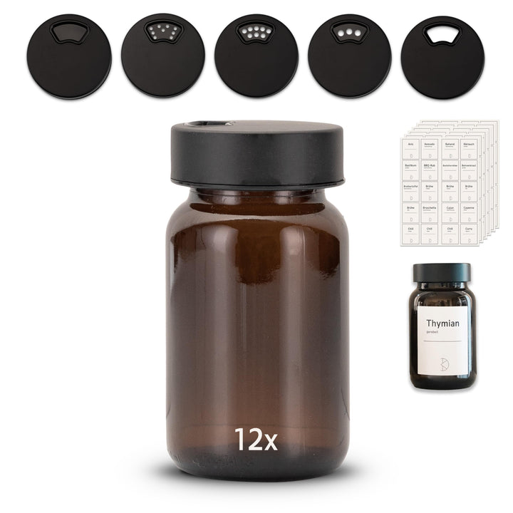 12 Stück Gewürzgläser – Premium Gewürzglas aus Braunglas | Gewürzstreuer Set | Gewürzdosen mit Decke