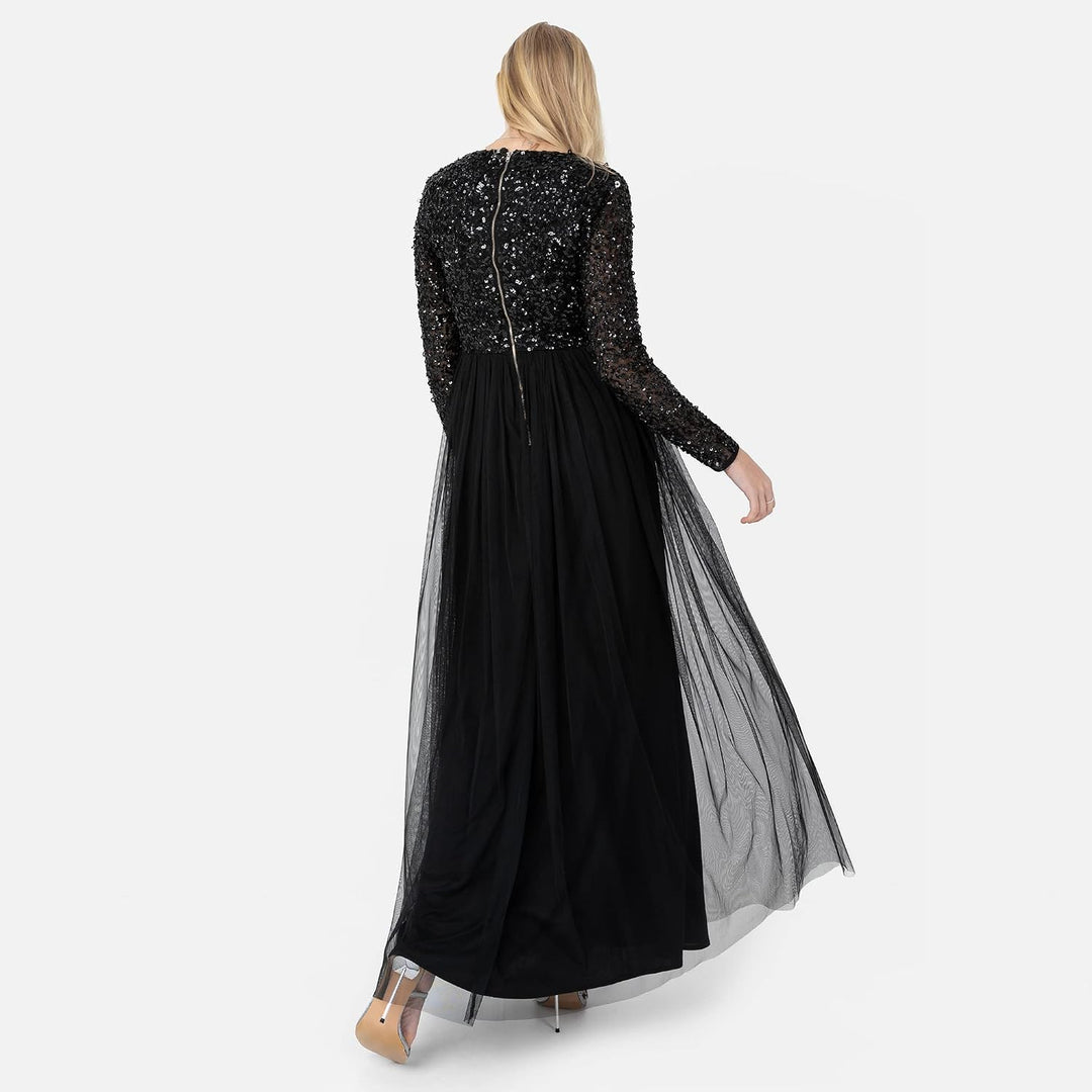 Maya Deluxe Damen Ladies Maxi Dress Women with Long Sleeves V Neckline Plunging Sequin Embellished f