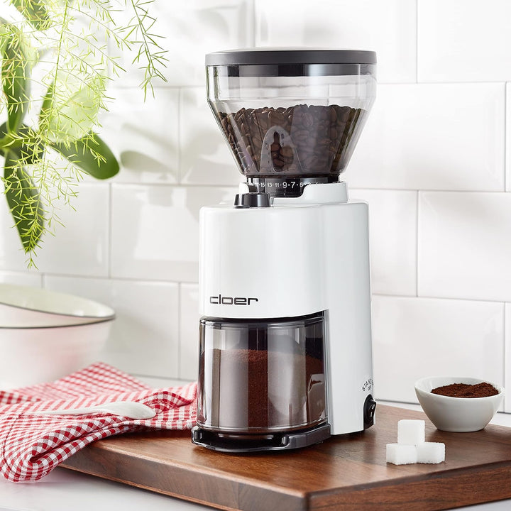 Cloer 7521 Elektrische Kaffeemühle mit Kegelmahlwerk aus Edelstahl, 2-12 Tassen, 300 g Kaffeebohnen,