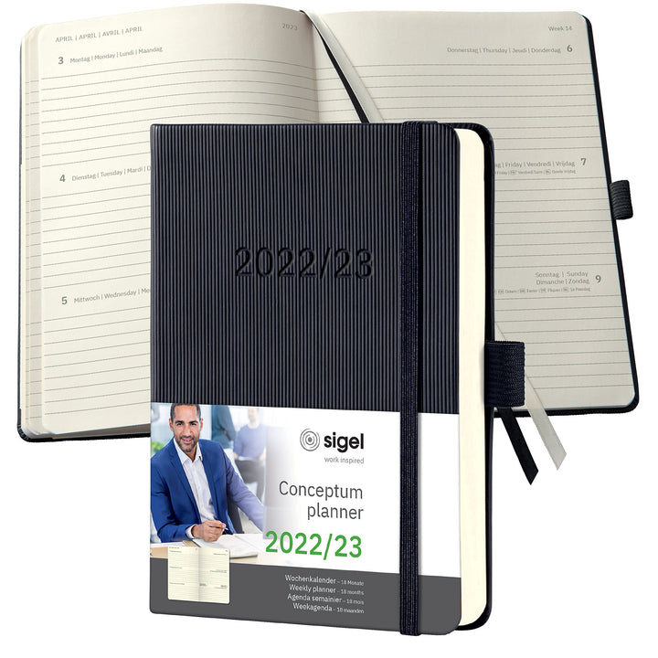 SIGEL C2302 Terminplaner Wochenkalender 2022/2023 - ca. A6 - schwarz - Hardcover - Gummiband, Stifts