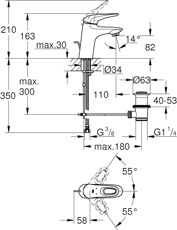GROHE Eurostyle Badarmaturen - Einhand-Waschtischbatterie (DN 15, S-Size, Einlochmontage) chrom,3355