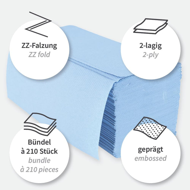 Papierhandtuch, Falthandtuch, Handtuchpapier mit ZZ-Falzung, 2-lagig, 21 x 22,5 cm, blau.